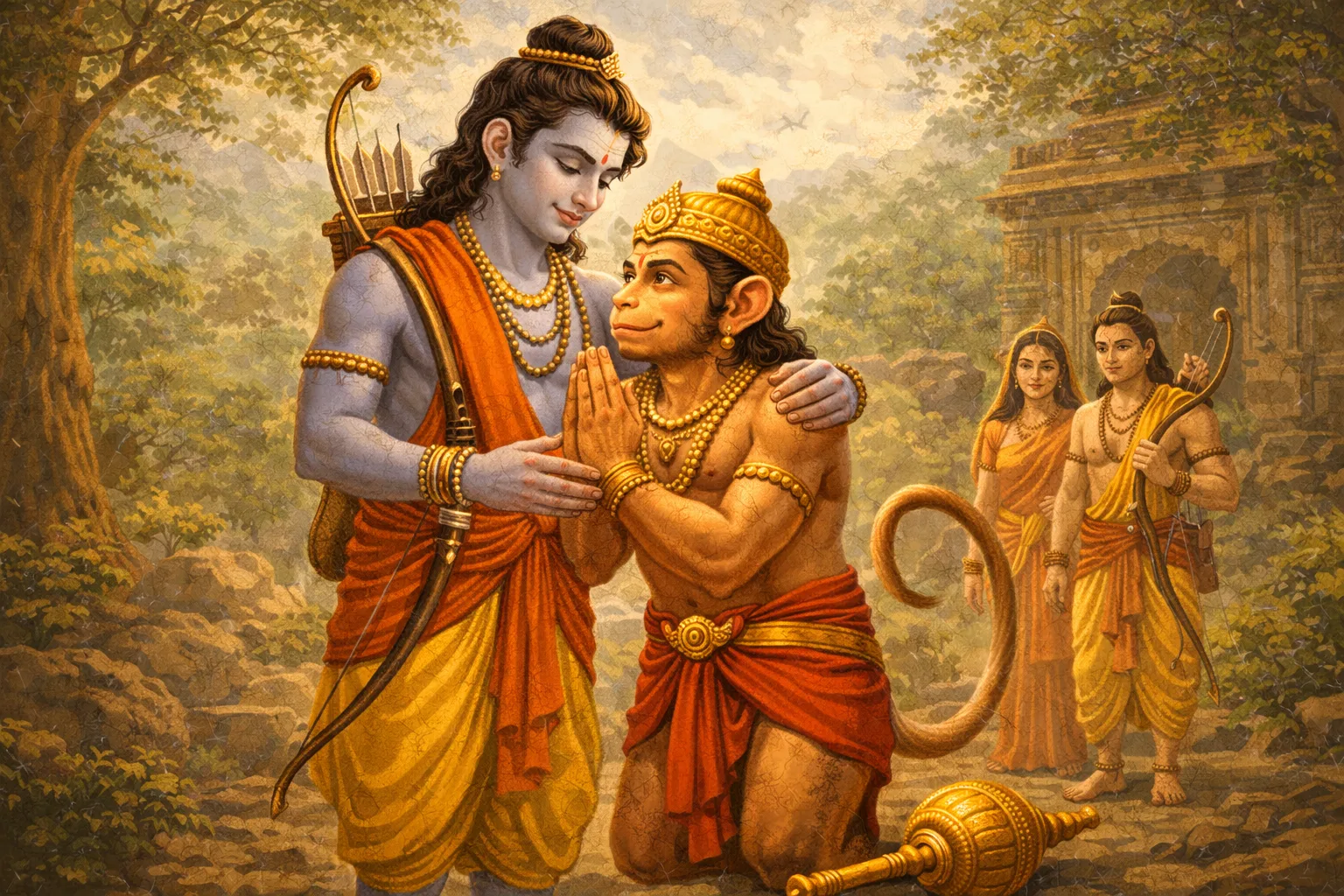 Rama and Hanuman's embrace in temple